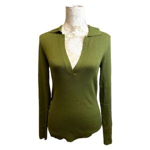 BABATON Aritzia Size M Green McSweeney Ribbed Sweater Open V Neck with Collar